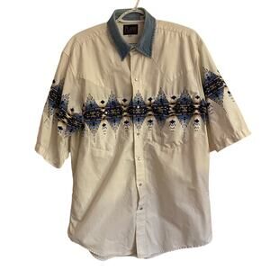 Vintage Plains Western Shirt White w Blue Print Size L Button Snaps Sm Faded